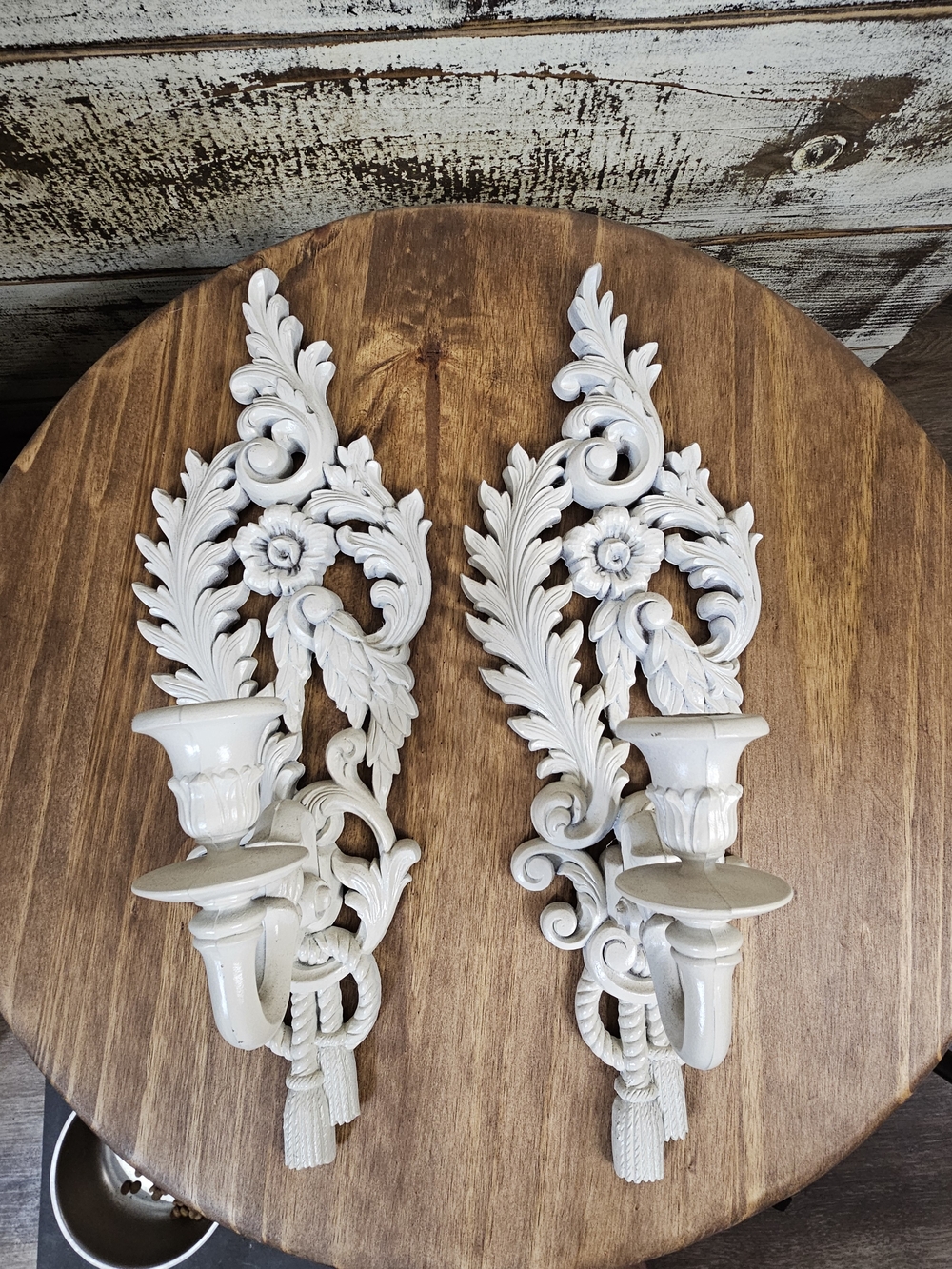 "Vintage" Pair of Ornate Shabby Chic Wall Sconces in Chalky White